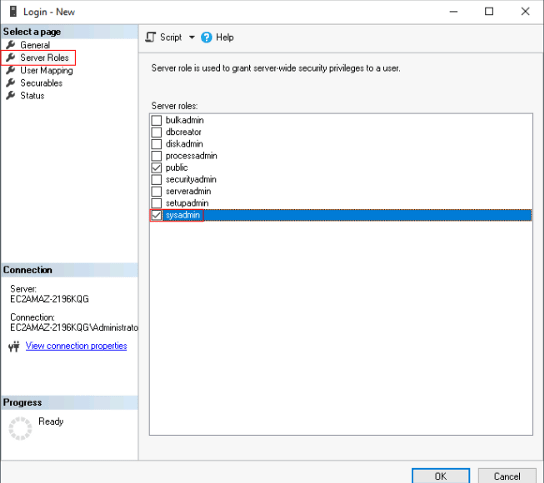 Selecting the Sysadmin Server Roles.